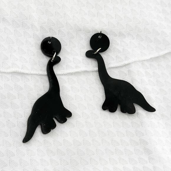 Black & White Brontosaurus Dinosaur Skeleton Earrings, Dinosaur Bone Earrings - Picture 2 of 4
